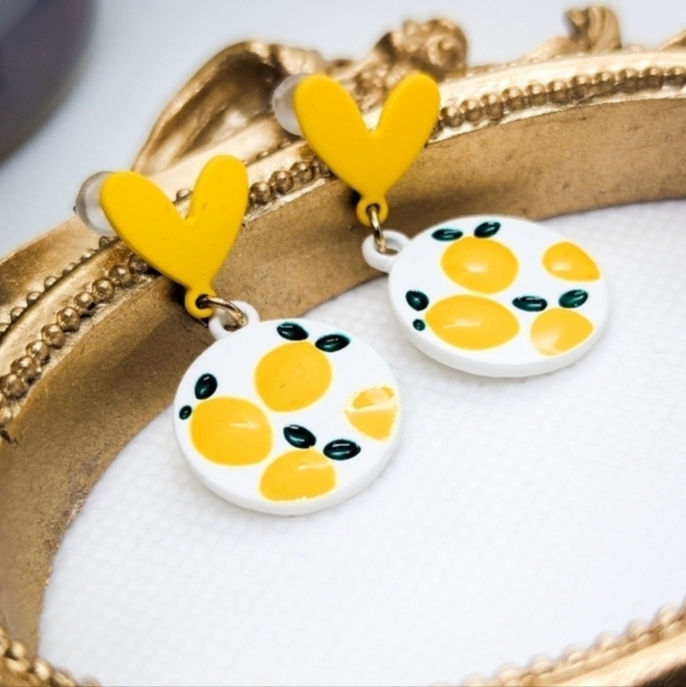 "Citrus Sweetheart" Lemon Print Earrings Vibrant Yellow Hearts